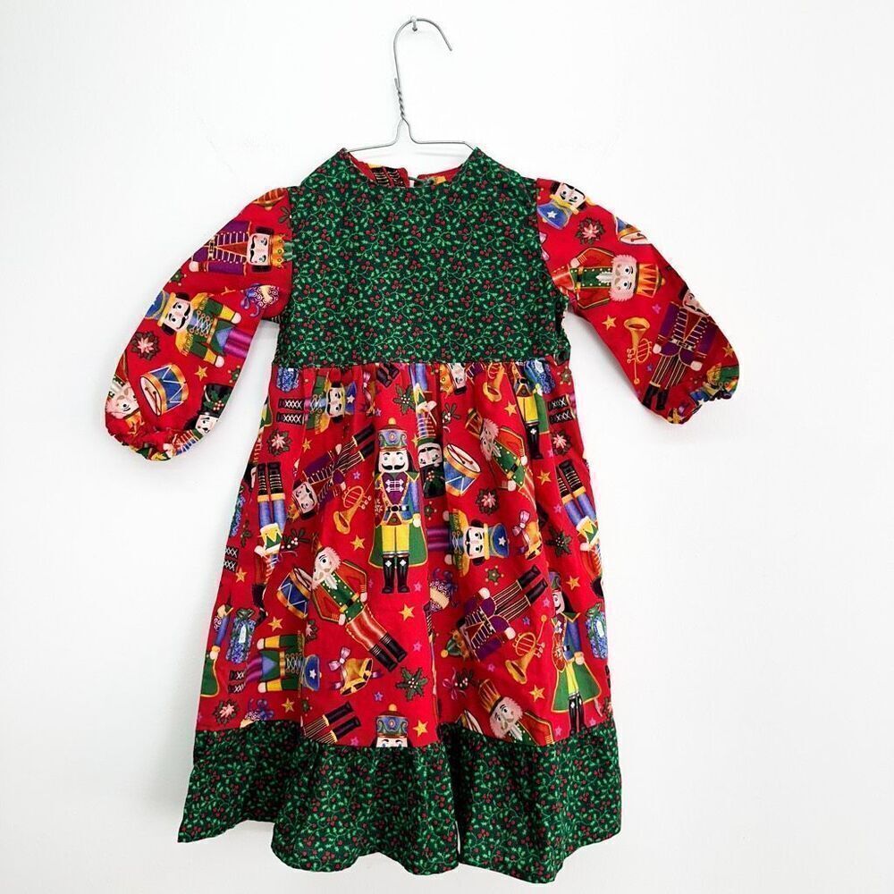 Handmade Vintage Inspired Toddler Girls Nutcracker Holiday All Over Printed Dres